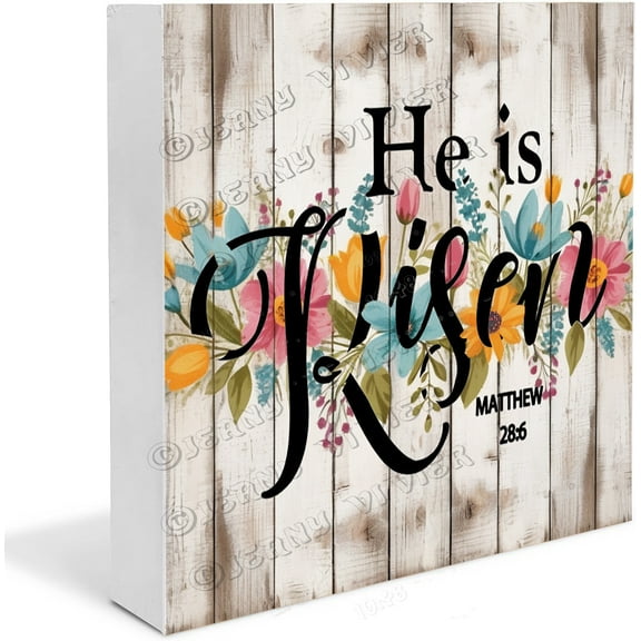 Rustic Easter Office Desk Decor - Cute He Is Risen Matthew 28:6 Easter Wood Sign - Farmhouse Easter Tiered Tray Decoration 5"x5"