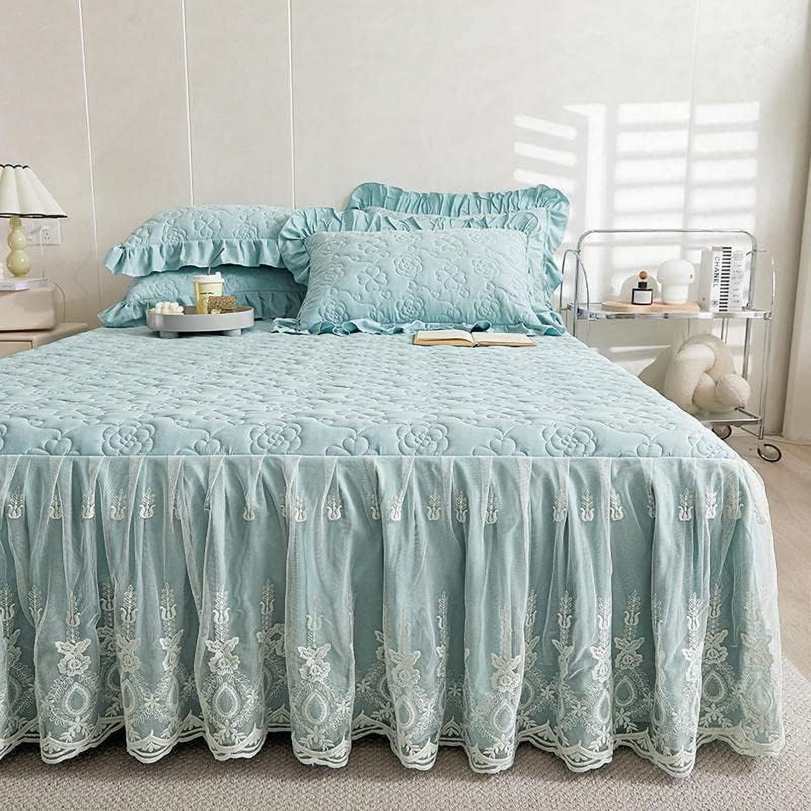 Flower Pattern Quilted Brocade Cotton Bedspread with Lace Ruffled Bed Skirt, Queen Size, Light Turquoise