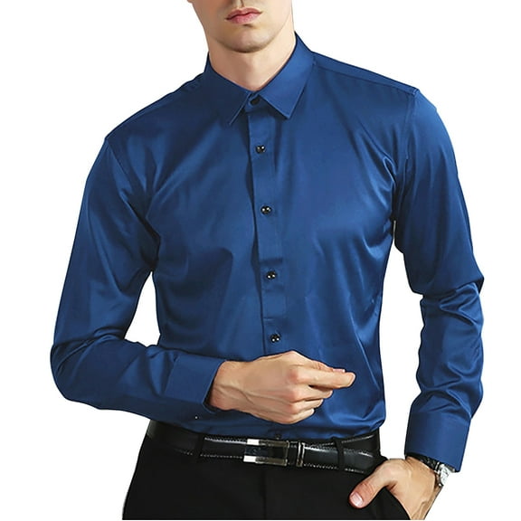 IDALL Long Sleeve Shirts for Men Dress Shirts for Men Mens Shirts Non Ironing Elastic Long Sleeved Shirt Long Sleeved Lapel Button Shirt Shirt Comfort Colors Tshirt Blue L