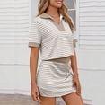 thumbnail image 5 of Skirt Sets Women 2 Piece Outfits Classic Striped Short Sleeve Lapel V Neck Top & Mini Skirts Summer Clothes, Khaki M, 5 of 8