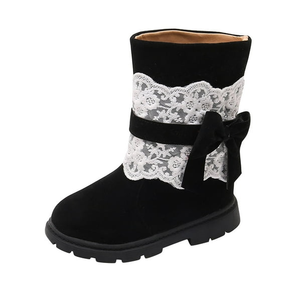 Fjofpr Shoes for Girls Black Boots for Girls Winter Girls' New Mid-tube Lace Lace Bow Princess Boots Big Children's Warm Snow Boots Boots