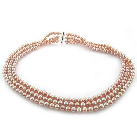 Pink Freshwater Pearl Necklace for Women, Sterling Silver 3 Row 18 6.5mm x 7mm