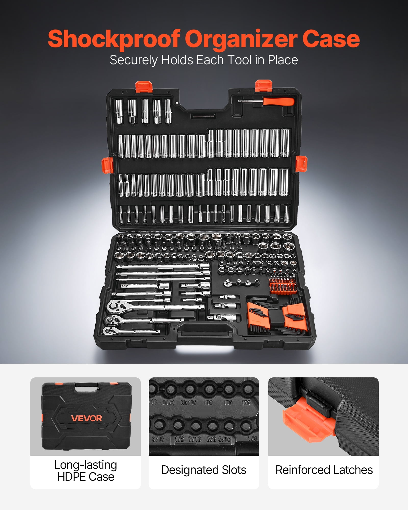 VEVOR Socket Set, 225 Pieces, 3/8 & 1/4 & 1/2 inch Drive Socket and Ratchet Set, SAE and Metric, Deep and Shallow, Mechanic Tool Kit with Bits, Accessories, Storage Case, CR-V Alloy Steel, for Repair