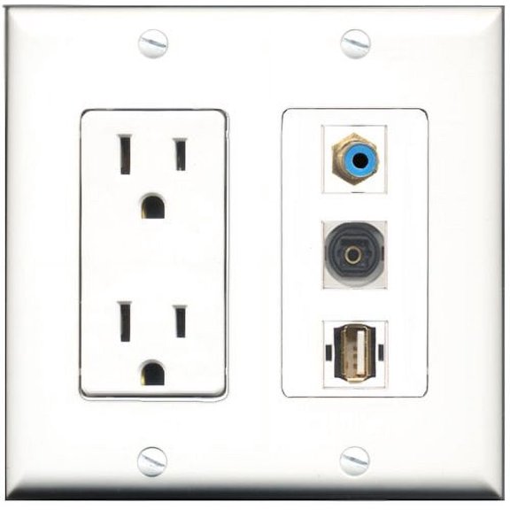 RiteAV - 15 Amp Power Outlet 1 Port RCA Blue 1 Port USB A-A 1 Port Toslink Decorative Wall Plate