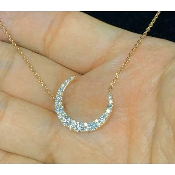 1 Ct Round Cut Lab Created Diamond Moon Pendant With Chain 14k Yellow Gold Plated Silver