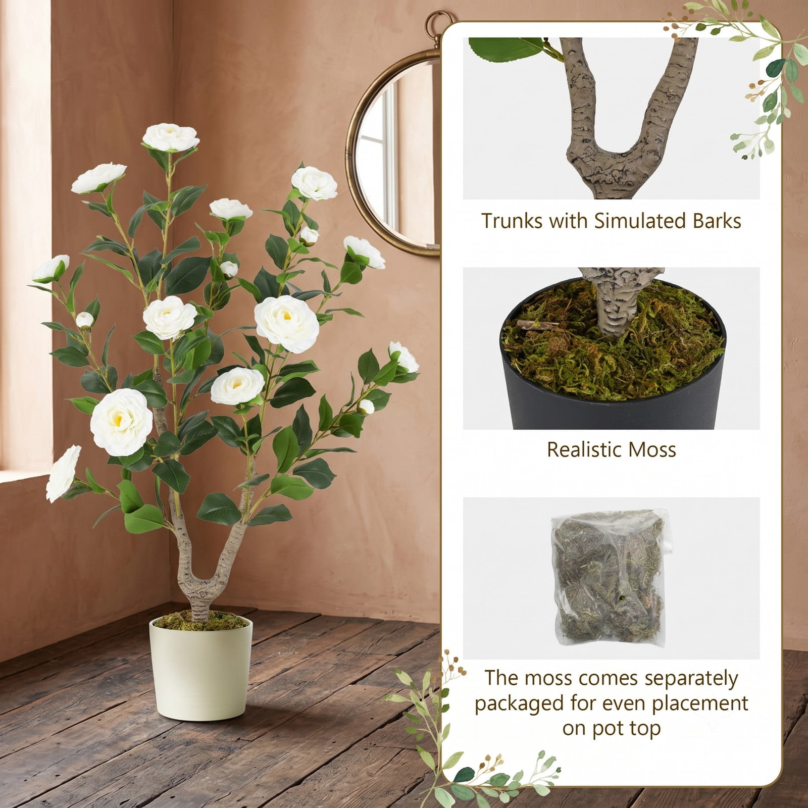 ALPULON 36 Inch Artificial Camellia Tree with Blooming Flowers, Set of 2 Faux Potted Camellia Plants with Cement-Filled Pots for Home Office Wedding Front Door, White