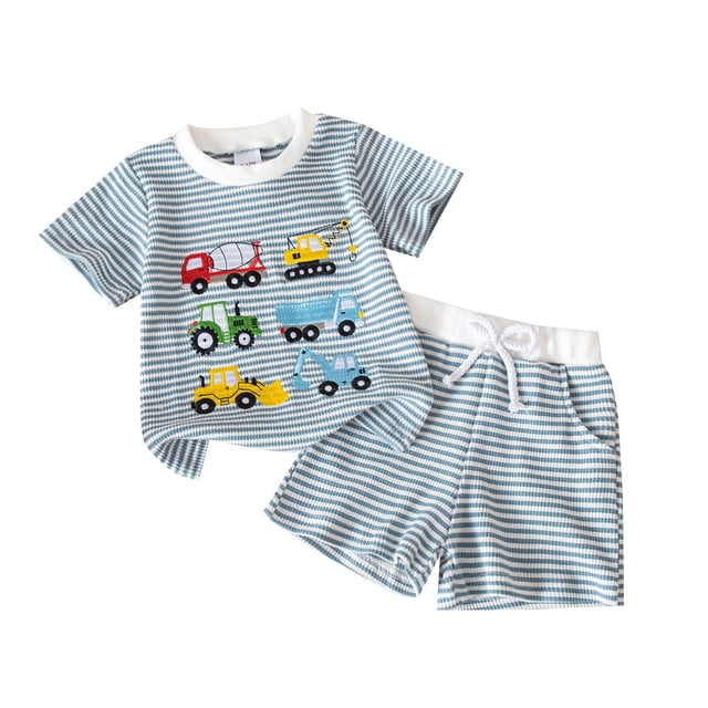 Excavator Print Shorts Set for Boys Summer Round Neck Short Sleeve Top with Pockets 2 Pc