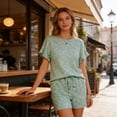 thumbnail image 6 of Bixock Womens 2 Piece Loungewear Sets Casual Summer Outfits Crew Neck Ruffle Short Sleeve Top and Drawstring Pocket Shorts Sleepwear, 6 of 7
