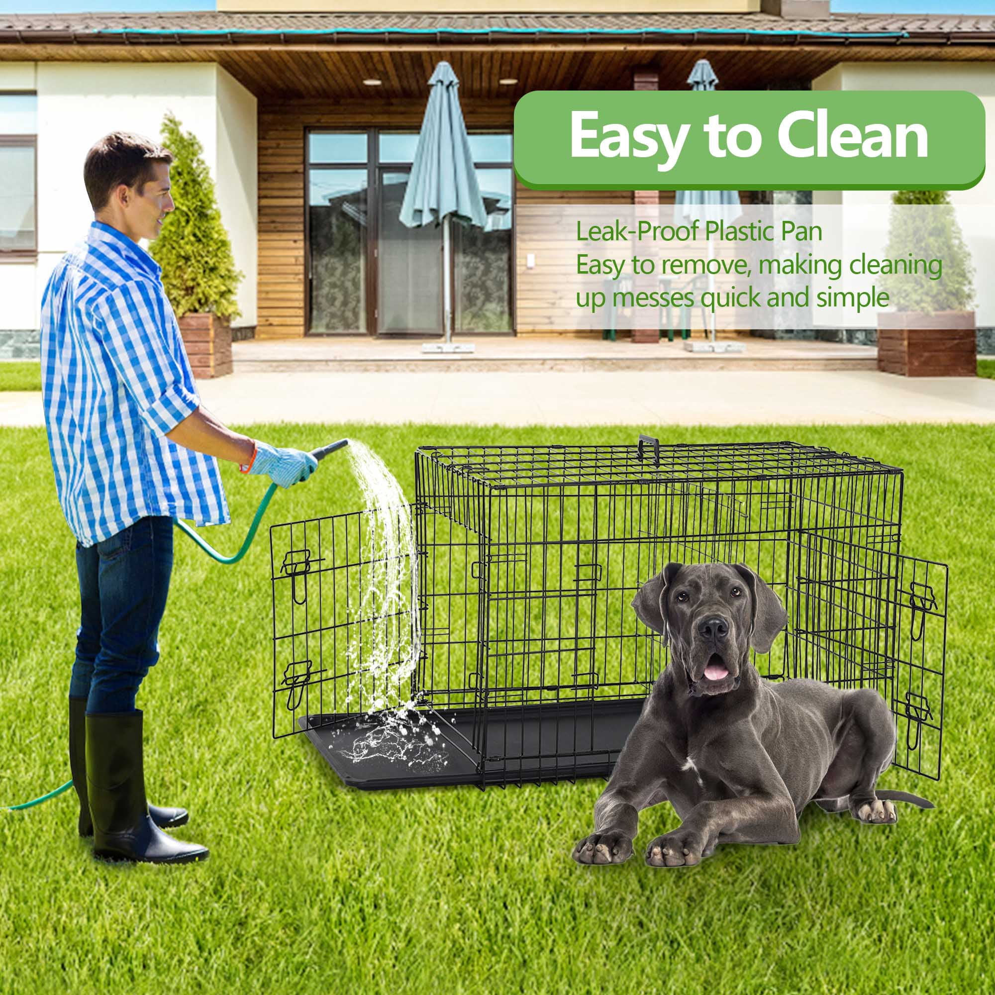 CL.HPAHKL Large Dog Crate for Medium Large Dogs, 48 inch Folding Metal Dog Kennel Double Door Dog Cage with Plastic Tray, Pet Dog Wire Crate Indoor Outdoor Travel, Black