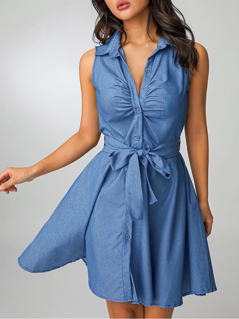 Coduop Women Loose Vintage Denim Dress Sleeveless Slim Fitted Shirt Dress  with Waist Belt - Walmart.com