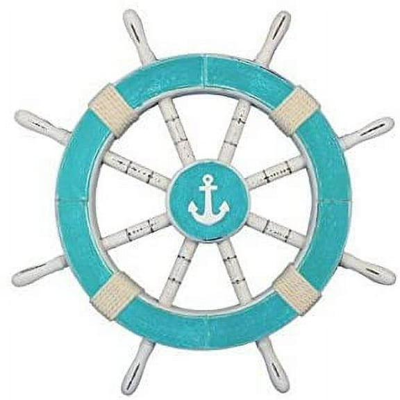 Nagina International Aquamarine Wooden Ship Wheels 18" w/ Anchor, Palm Tree, Sailboat Motiff Center / Nautical Wall