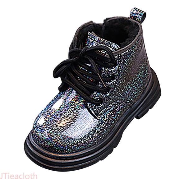 JTieacloth Toddler Girls Glitter Lace-Up Ankle Boots, Non- Lined Warm Winter Shoes Side Zipper Outdoor Boots for Kids(Black)