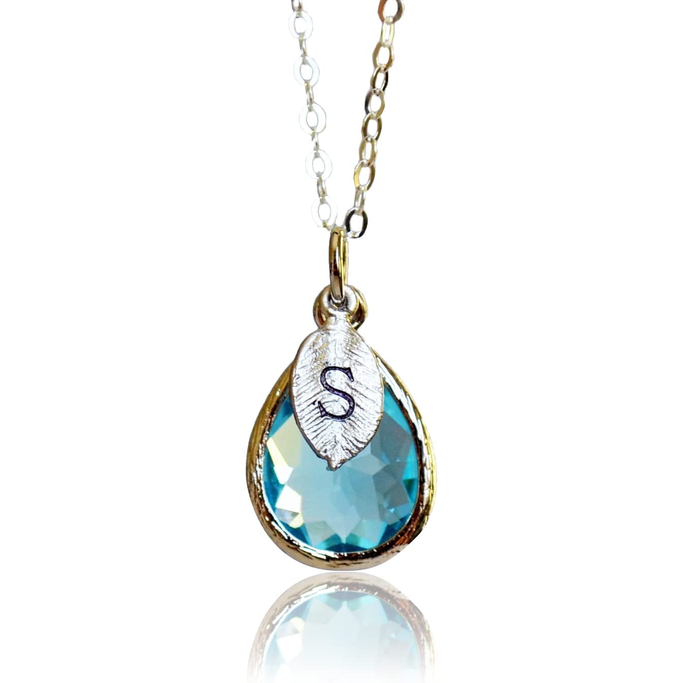 Personalized Aquamarine Necklace, March Teardrop Birthstone Jewelry, Custom Initial - 16" Silver