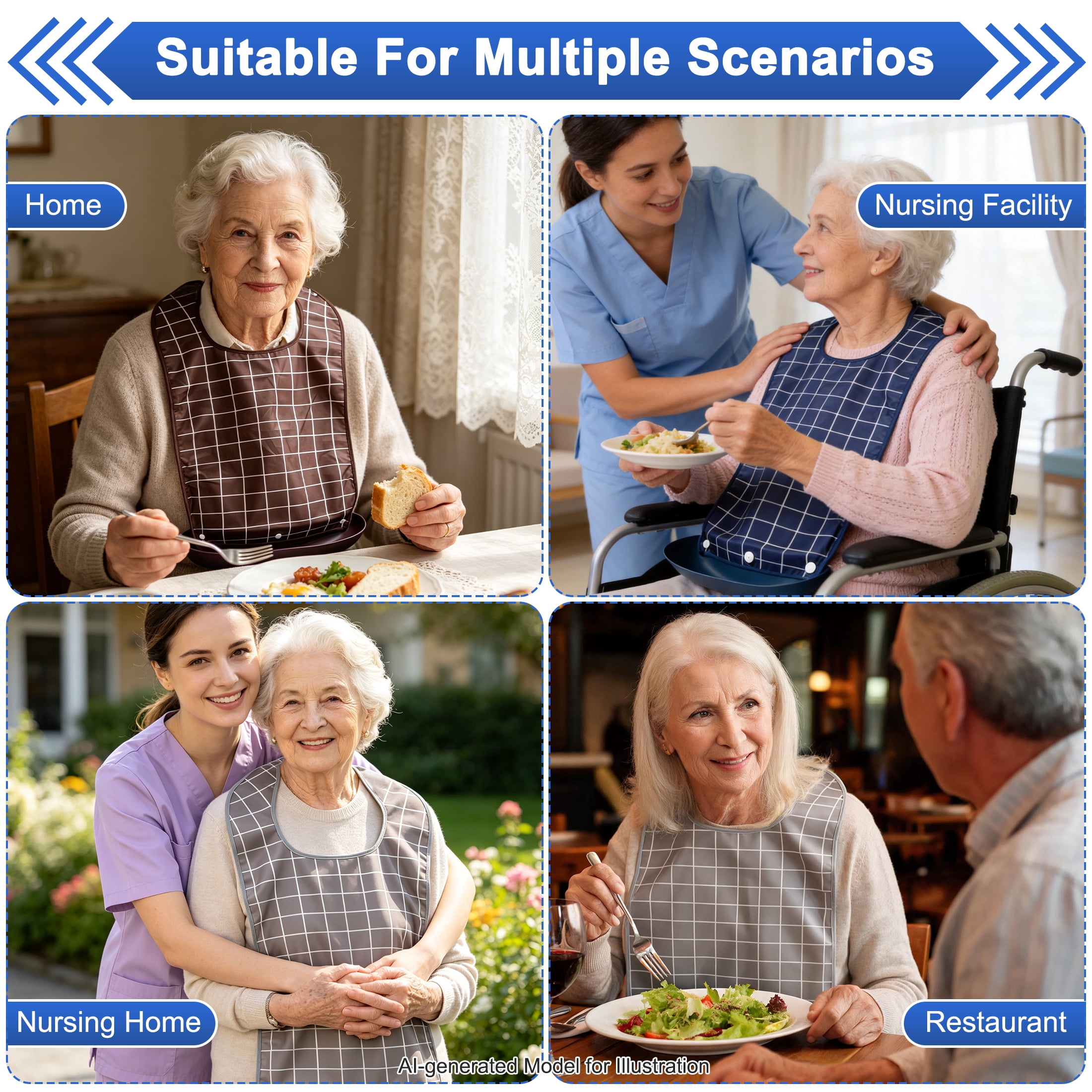 3 Pack Adult Bib for Eating, Waterproof Elderly Bib with Removable Food Catcher Tray, Reusable Large Clothing Protector, Washable Dining Apron for Seniors, Nursing Home, 28.34 × 26.77 Inch