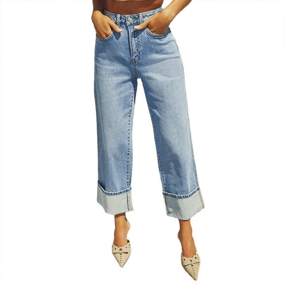 MIXUE Jeans For Women Solid Color Wide Leg Baggy High Waist Boyfriends Straight Leg Stretchy Denim Pants Trendy Fall 2024 Trousers Activewear,Blue,M