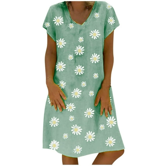Clearance asdoklhq Womens Plus Size Clearance Dresses,Women Plus Size Casual Daisy Printed V-neck Short Sleeve Loose Knee-Length Dress