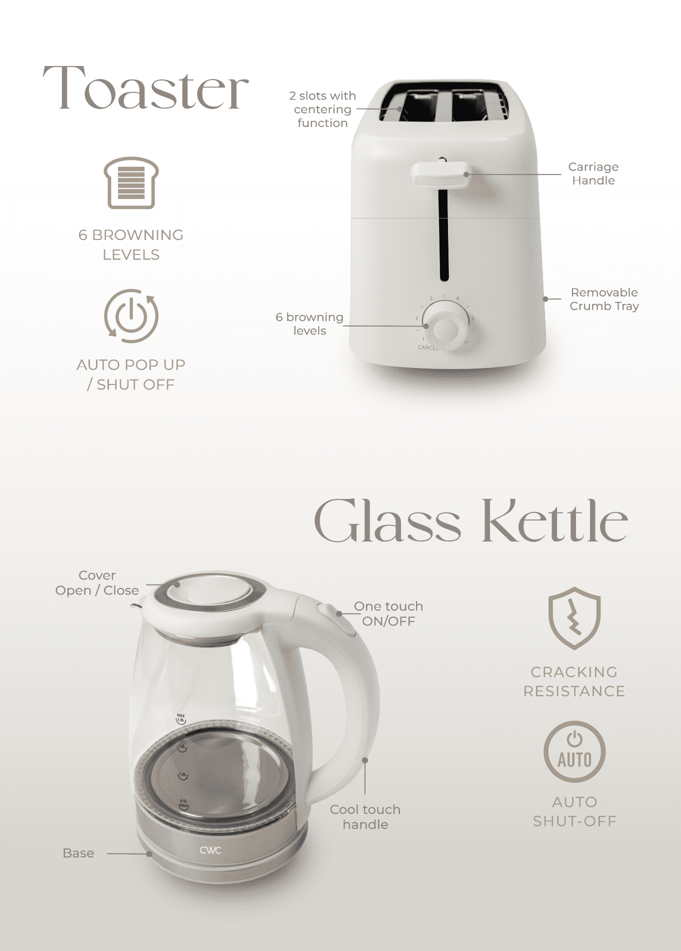 COOK WITH COLOR Compact Egg Boiler, Glass Kettle, & Toaster Kitchen Appliance Set, Cream