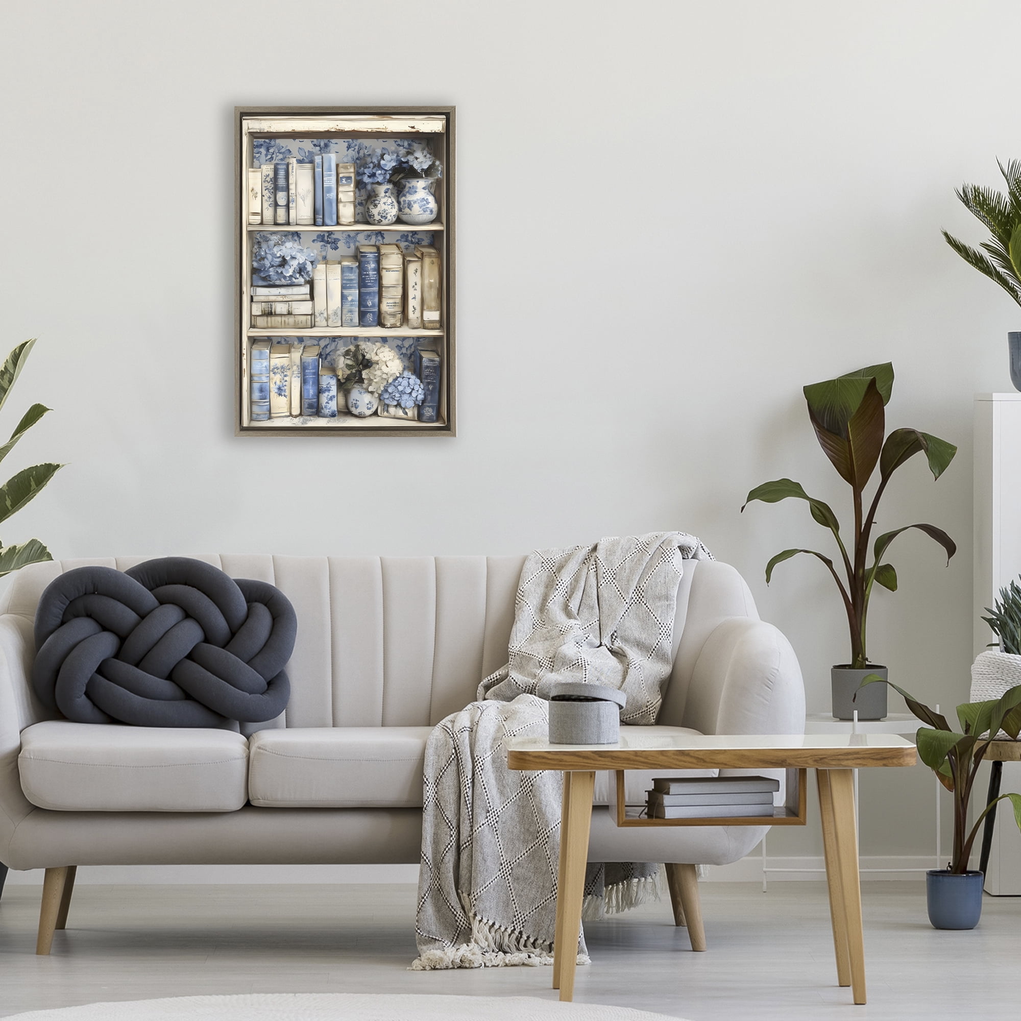 Stupell Industries Blue & Beige Bookcase Brown Framed Floater Canvas Wall Art, design by LSR Design Studio