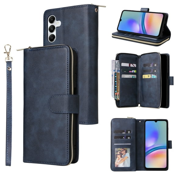 Allytech Samsung Galaxy A05s Wallet Case with 9 Card Slots & Zipper Pouch for Women Men, Magnetic Closure Kickstand Durable PU Leather Wristlet Strap Folio Flip Luxury Cover - Blue