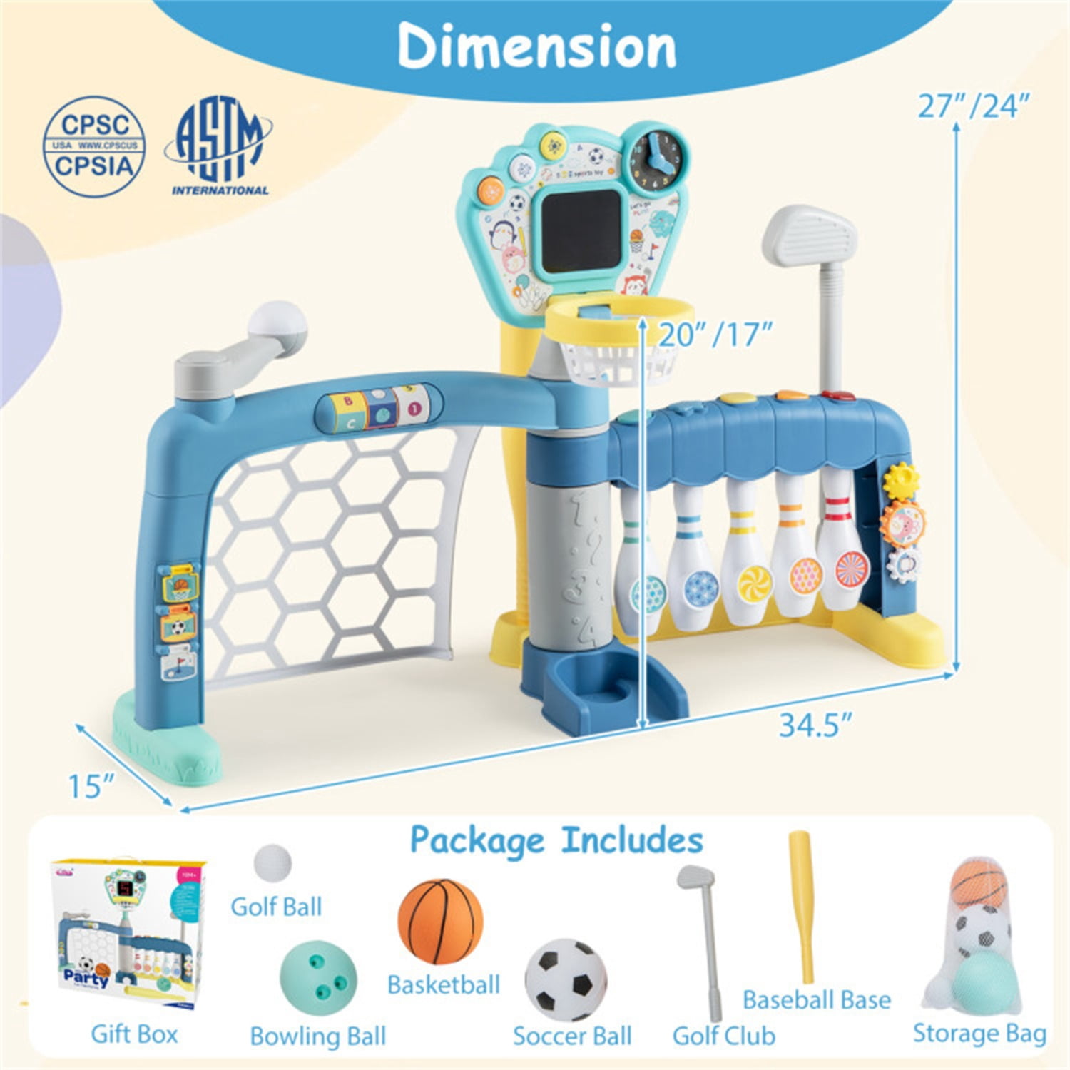 5 in 1 Toddler Sports Activity Center with Basketball Hoop Soccer Golf,  18 Months+​