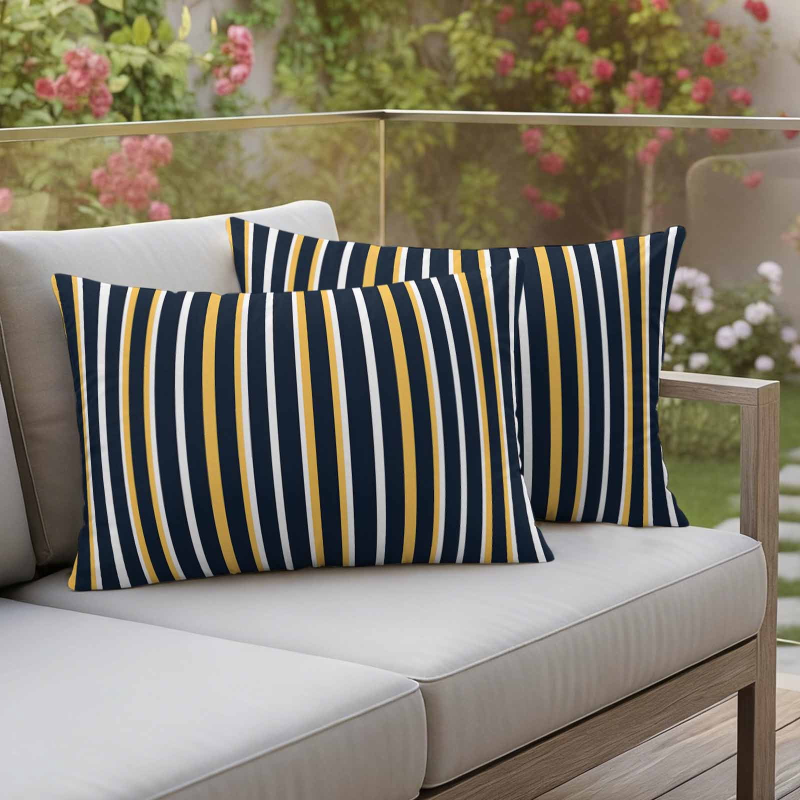 Orange Navy Blue Outdoor Waterproof Pillow Covers, Modern Abstract Vertical Striped Decorative Rectangle Throw Pillowcase Sofa Cushion Sham for Patio/Couch/Chair, 20"x12" 2 Pack