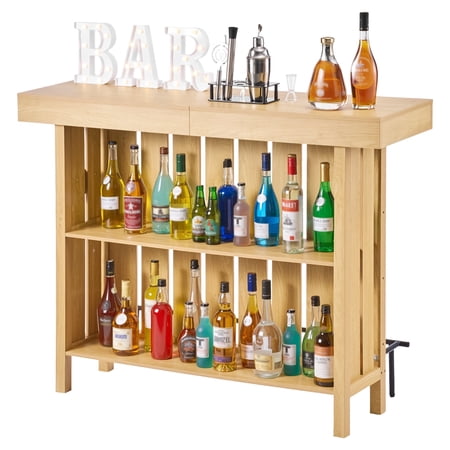 VEVOR Home Bar Unit, Wine Bar Cabinet Table 3-Tier with Storage Shelves, Opener Storage Box & Adjustable Foot Pads, Black Footrest, Wood & Metal Liquor Cabinet for Home, Basement, Living Room