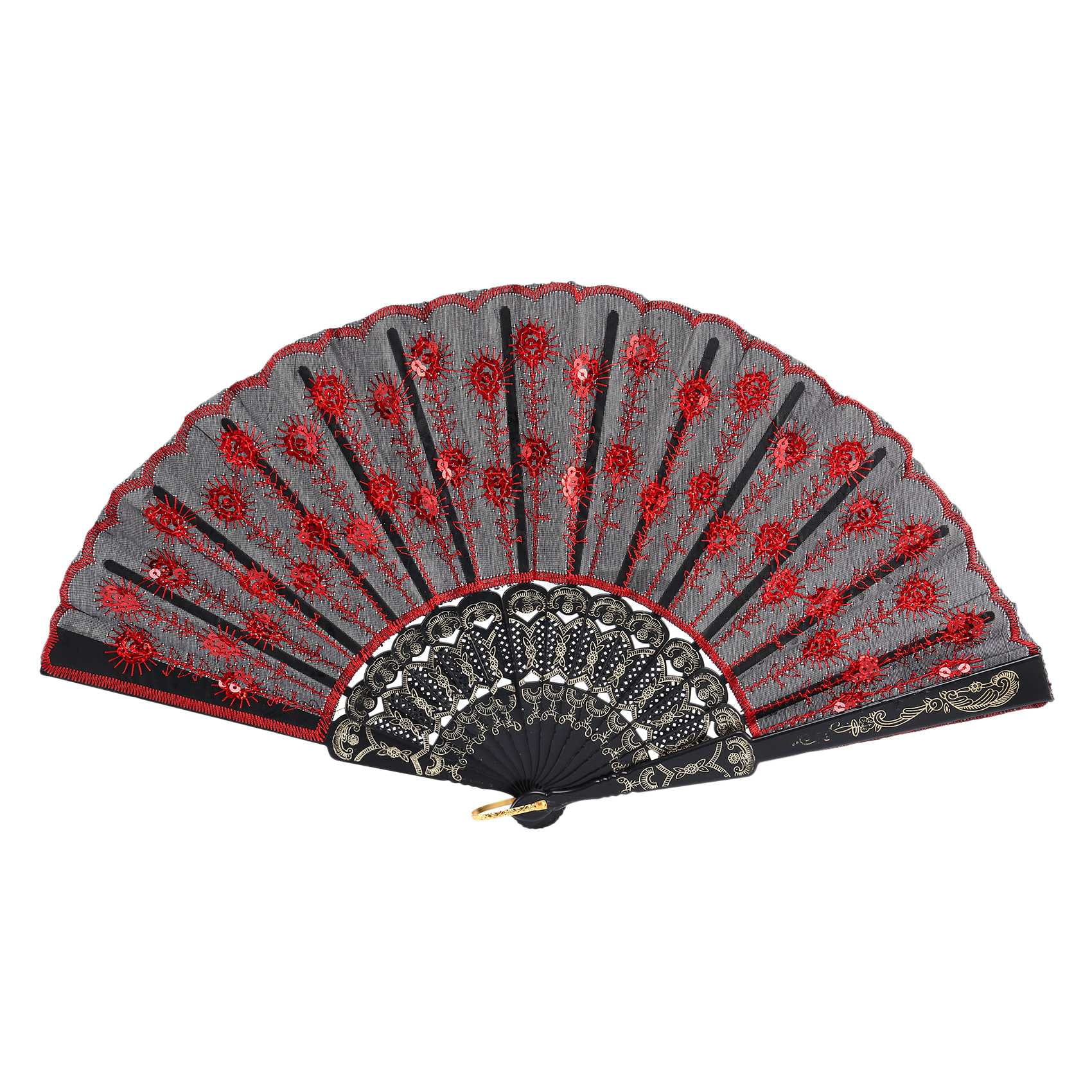 Red Embroidered Flower Pattern Black Cloth Folding Hand Fan Fancy Dress Gift AD 