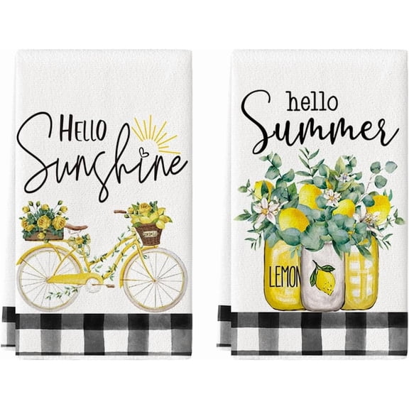 SM-XLHN Hello Sunshine Bike Lemons Summer Kitchen Towels Dish Towels, 18x26 Inch Farmhouse Summer Decoration Hand Towels Set of 2