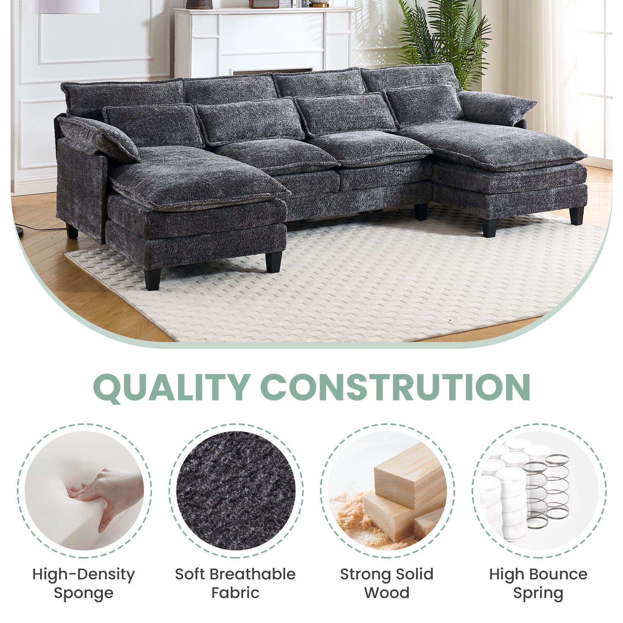 JONPONY 109.45" Modular Sectional Sofa with Double Cushion Sleeper Chaise,Modern Oversized Comfy Bouble Couch with Waist Pillows for Living Room,Grey