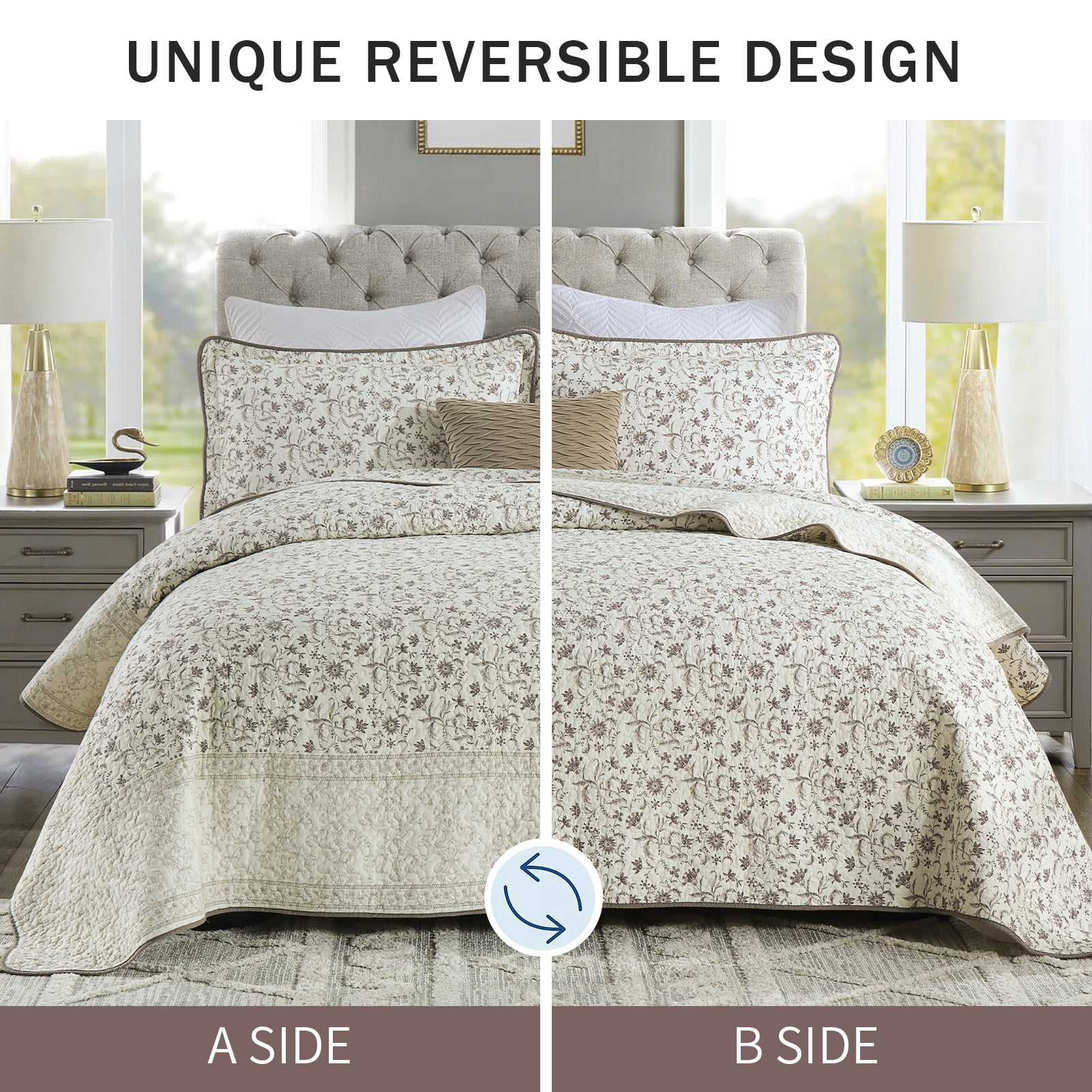 DDUOXIN Floral Beige Queen Size Quilts - 100% Cotton Queen Size Bedspread Quilt Set, Flower Quilted Bedspreads for Queen Bed, Lightweight Reversible Bedding Set for All-season, Purple/Beige Brown
