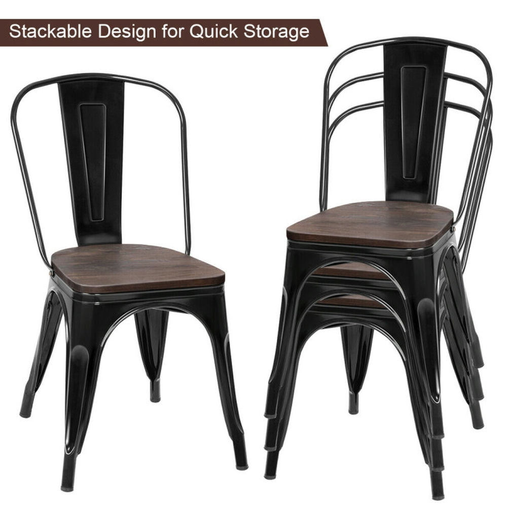 Demi Bonn 18" Height Set of 4 Stackable Style Metal Wood Dining Chair with Space Saving Design for Living Room, Black