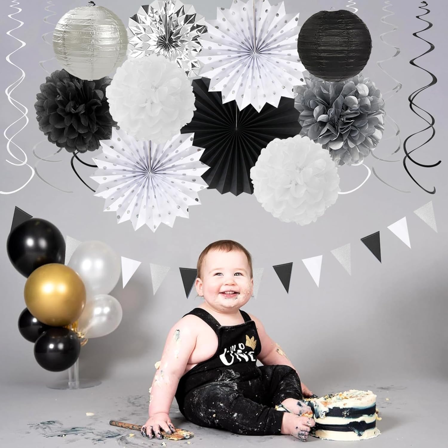 NestE Black White-Silver Party-Decorations - 33pcs Kits Banner,Graduation Streamer Tassel Garland,Tissue Pom Poms Honeycomb,Paper Lantern Fans,Birthday Wedding Baby Bridal Shower New Years Decor