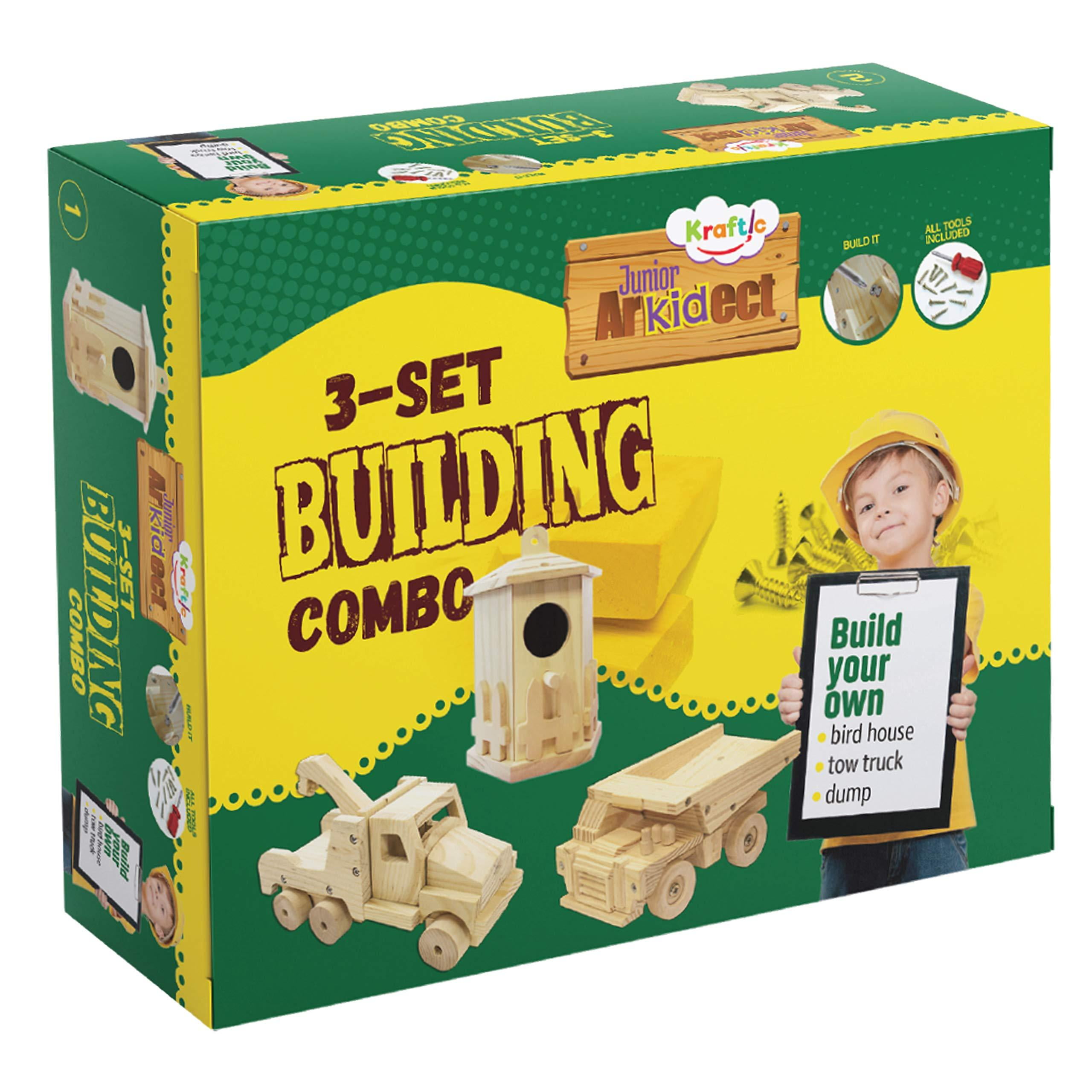 Kraftic Woodworking Building Kit for Kids and Adults, with 3 Educational DIY Carpentry Construction Wood Model Kit Toy Projects for Boys and Girls - Tow Truck, Birdhouse and Dump Truck