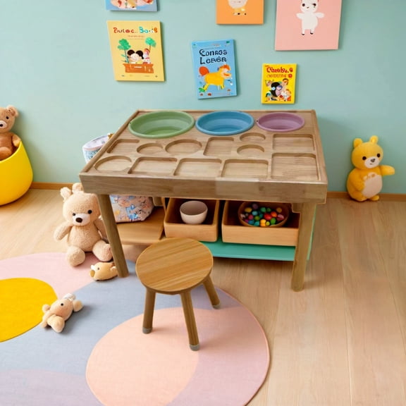 Noble House Sensory Activity Table for Toddlers with 2 Chairs, Wooden Double-Sided Board, Natural Wood