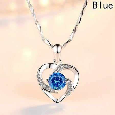 AkoaDa Crystal Engagement Wedding Heart Pendant Necklaces Blue and White Color Best Gift Necklace Chain For