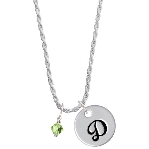 Delight Jewelry August - Lime Green Crystal Bicone Silvertone Script Initial Disc - D - Charm Necklace, 20"+3"