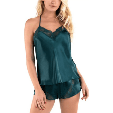Linea Donatella Women's 2-Pc. Lace-Trim Satin Camisole & Shorts Set - Green