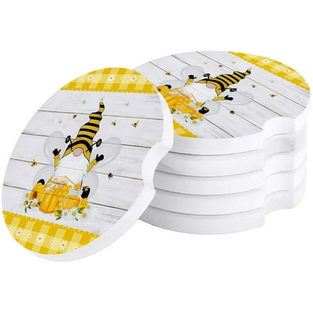 

ZHANZZK Summer Cute Gnome Bee and Daisy Plaid Wood Grain Set of 2 Car Coaster for Drinks Absorbent Ceramic Stone Coasters Cup Mat with Cork Base for Home Kitchen Room Coffee Table Bar Decor