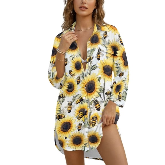 Xoenoiee Sunflower Bee Print Women's Swimsuit Cover Up Long Sleeve Beachwear Bikini Coverups Button Down Oversized Cover Up Shirt Plus Size, S