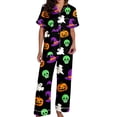 thumbnail image 4 of Halloween Pajamas Women Set 2 Pieces Button Down Cartoon Printed Shirts And Long Pants Short Sleeve Fall Loose Fit Comfy Soft Womens Pjs Sets Black XXL, 4 of 5