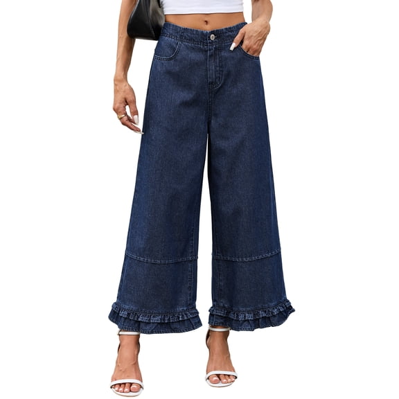DOKOTOO Women Wide Leg Jeans High Waisted Stretch Denim Elastic Waist Ruffle Hem Flare Pants Vintage Loose Fit High Rise Baggy Jeans