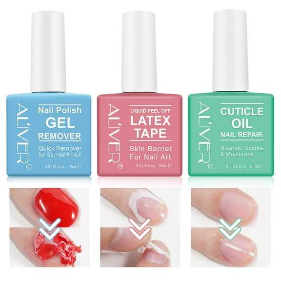 Aliver Nail Art Polish Set for Beginner, Nail Remover   Nail Art Latex Tape   Cuticle Oil Set , Nail Gel Removal and Nail Maintenance Kit - 3Pcs