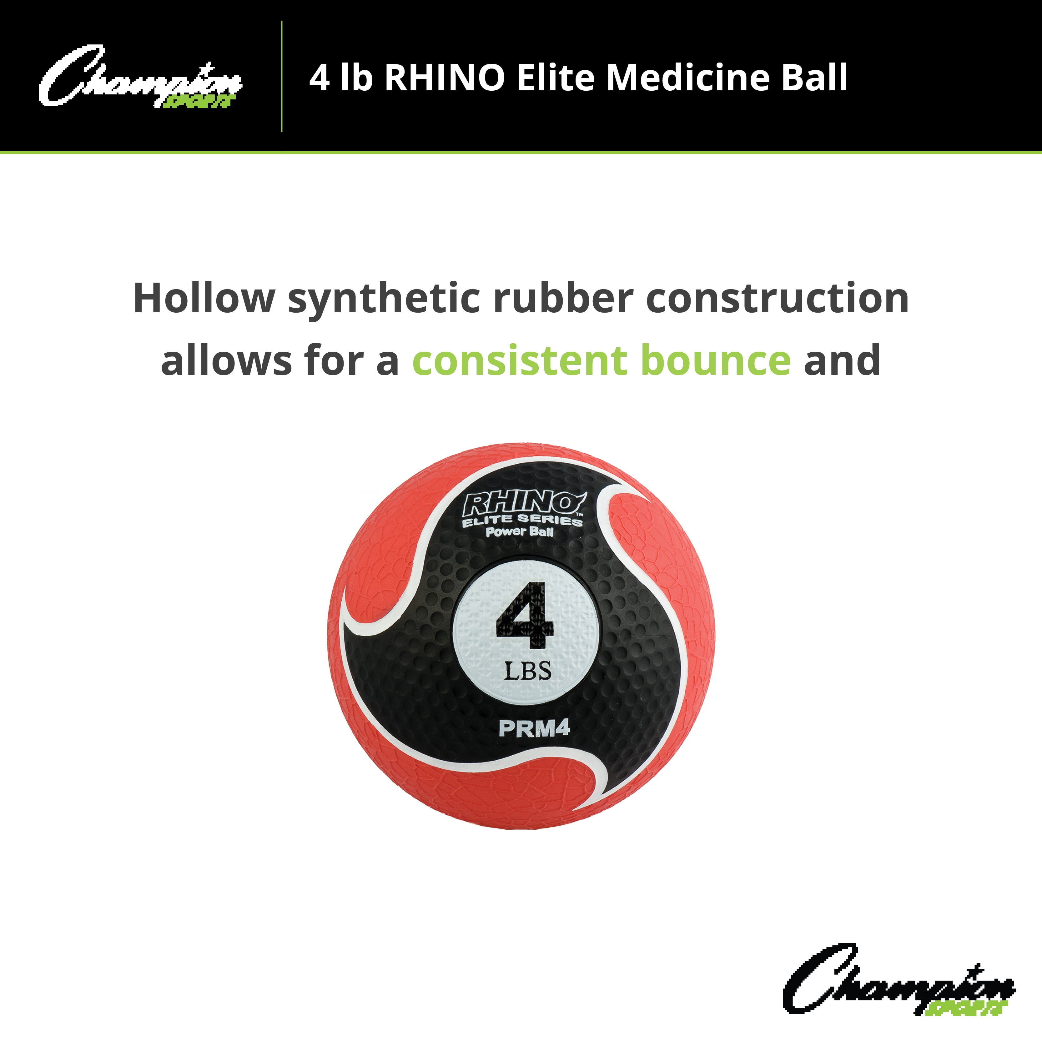 Champion Sports Rhino Elite Medicine Ball-Durable Rubber Weighted Ball & Textured Grip for Core Strength-Cardio & Cross-Training Workouts-Home or Gym Fitness-Red (4lbs)