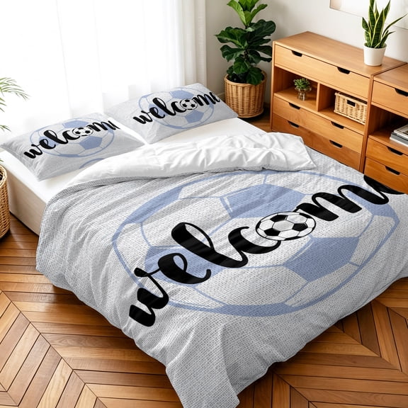 Queen Size 3 Pieces Duvet Cover Sets Welcome Football Blue Bedding Set,Microfiber Soft Comforter Cover with Pillow Shams,Luxury Quilt Covers for Bedroom Decor Sporty Style