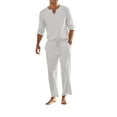 thumbnail image 4 of Michellecmm Men's Cotton Linen Clothes Solid Color Long Sleeve Henley Shirt + Elastic Waist Drawstring Pants 2 Pieces Loungewear Set, 4 of 8
