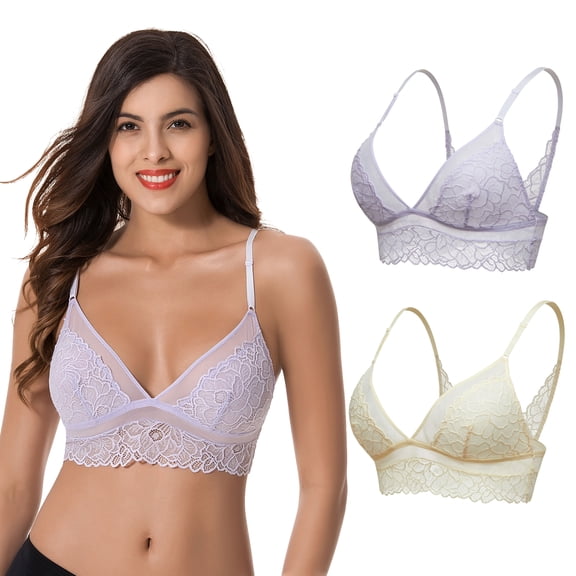 Curve Muse Plus Size Plunge Unlined Bralette with Floral Lace-2 Pack-LAVENDER,YELLOW-S