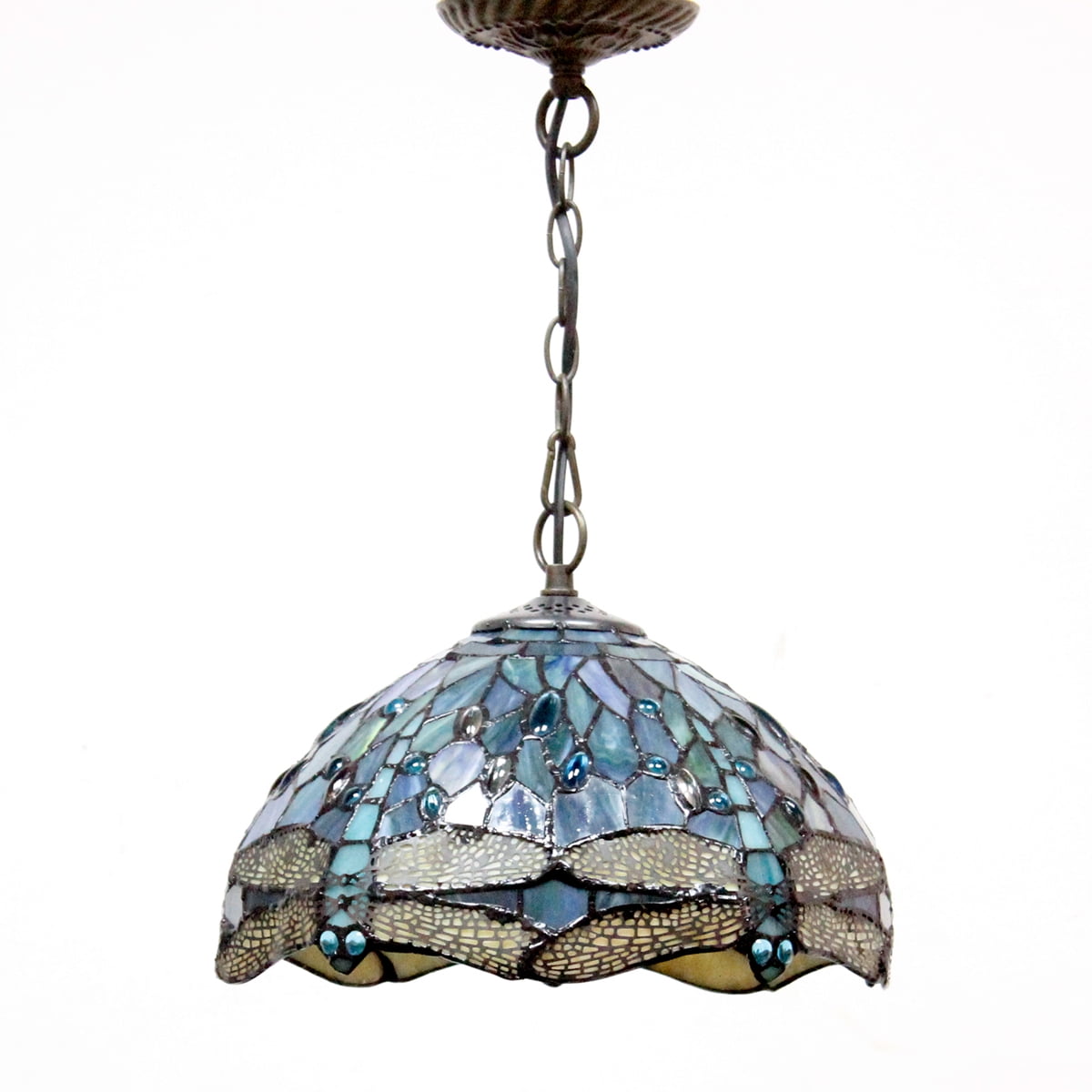 Tiffany Pendant Lighting for Kitchen Island Fixture 12" Sea Blue Stained Glass Dragonfly Farmhouse Rustic Boho Hanging Lamp Industrial LED Chandelier Fixture WERFACTORY Bar Hallway Dining Room Swag
