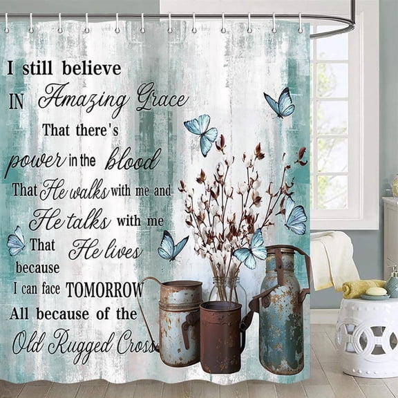 Rustic Farmhouse Shower Curtain, Blue Teal Butterfly Cotton Flower Inspirational Quotes