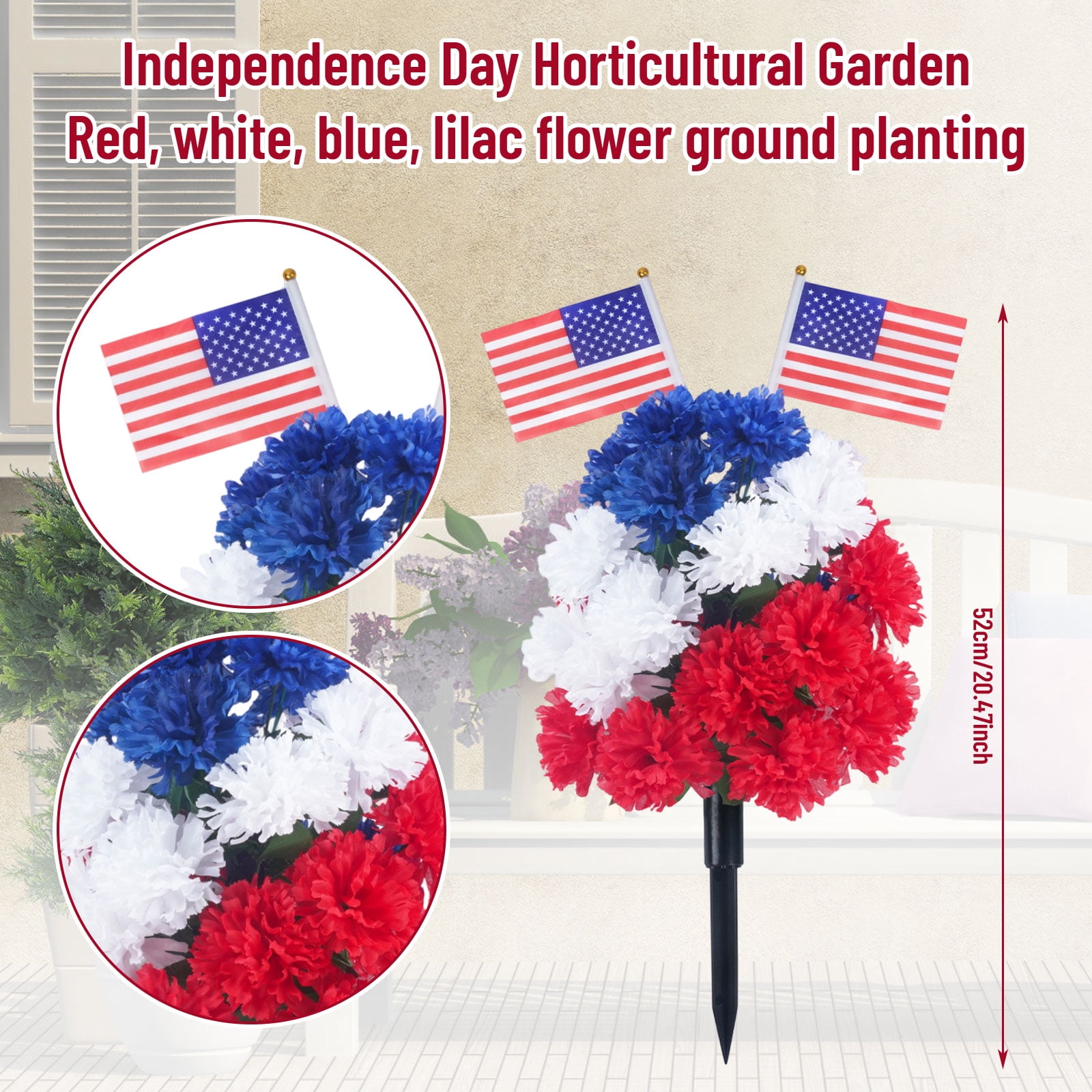 Patriotic Decorations, Outdoor Decorations, Red White and Blue Flowers, Garden Stake, 26 In, 2 Pc, 4Th of July Decoration, Lawn Decor, Artificial Carnations, Holiday Yard Display
