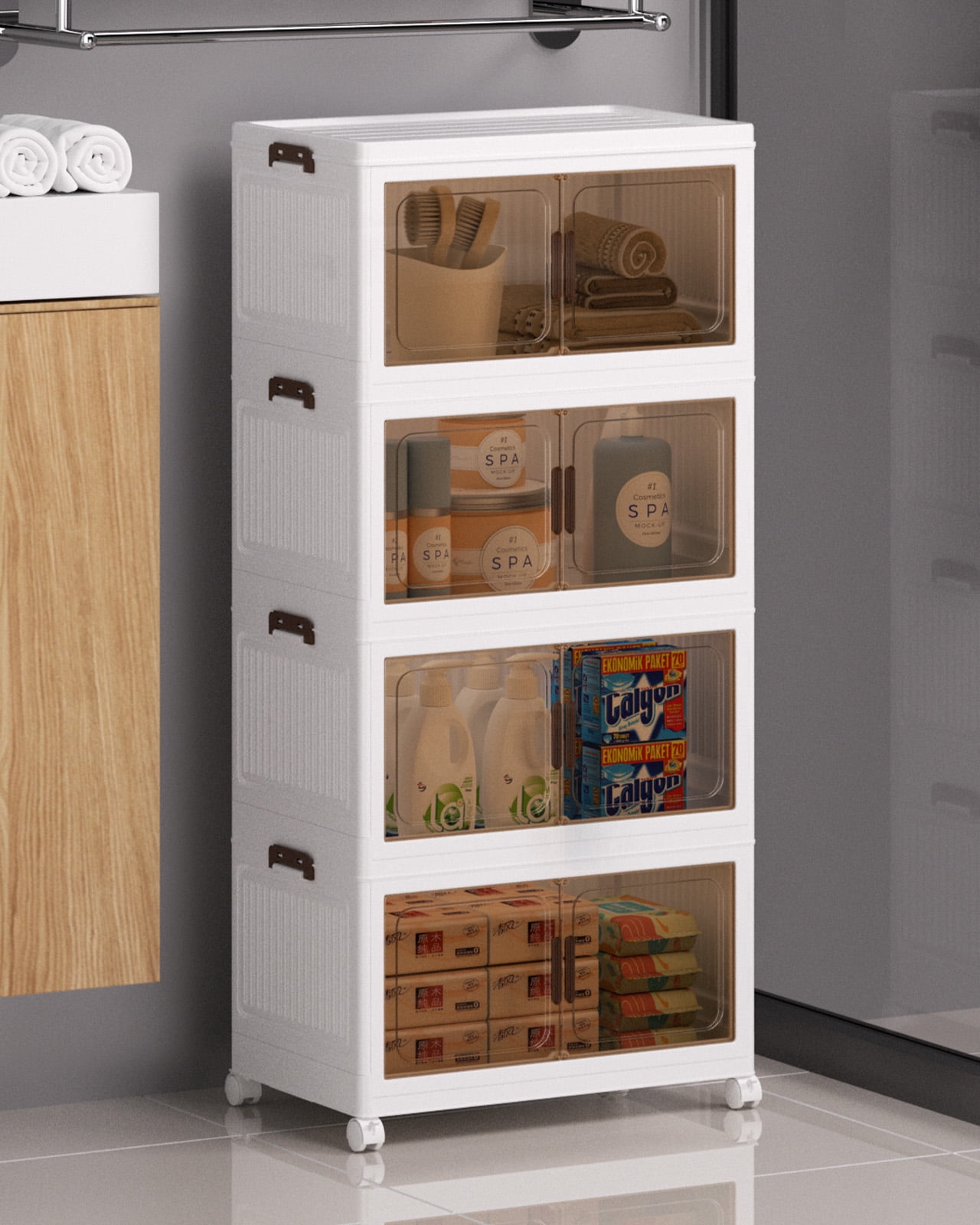 Asnews 4 Tier Stackable Storage Bins with Lids & Magnetic Doors, for Bedrooms, Living Rooms, and Studies